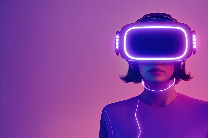 woman wearing neon virtual reality headset